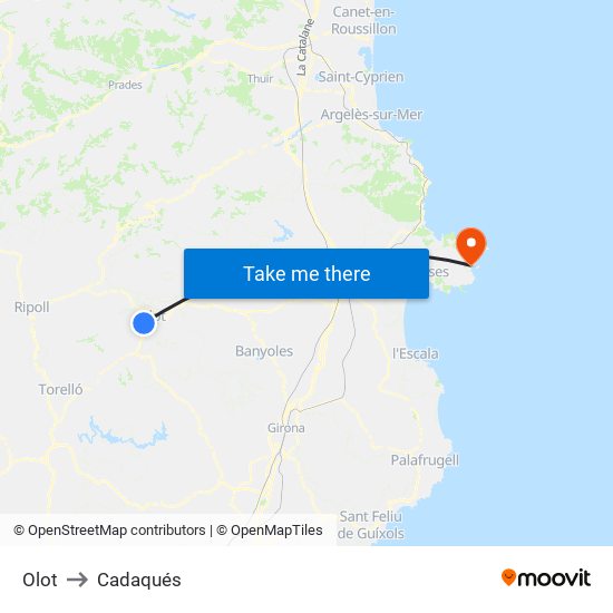 Olot to Cadaqués map