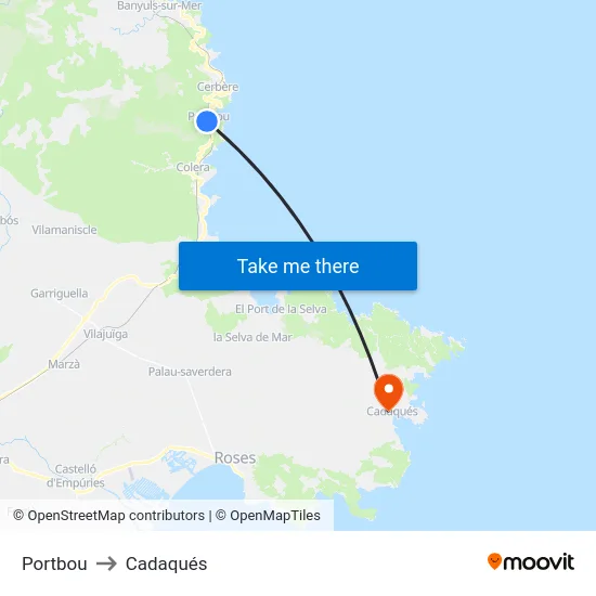 Portbou to Cadaqués map