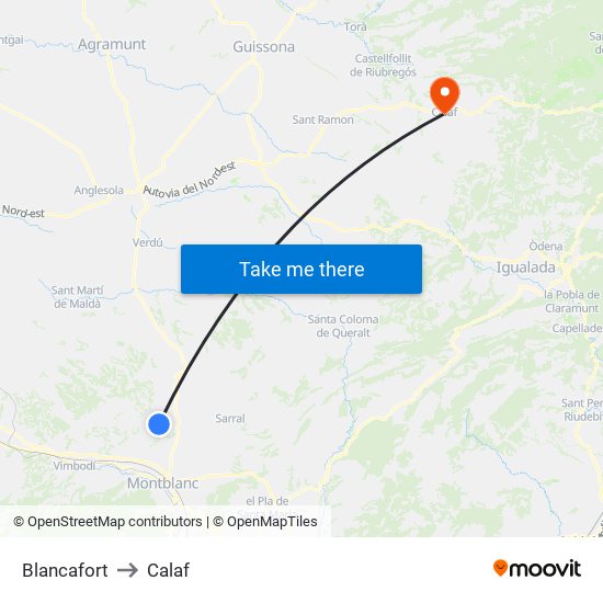 Blancafort to Calaf map
