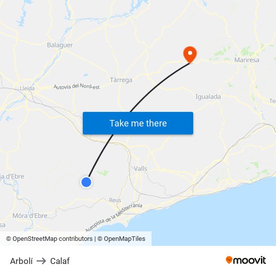 Arbolí to Calaf map