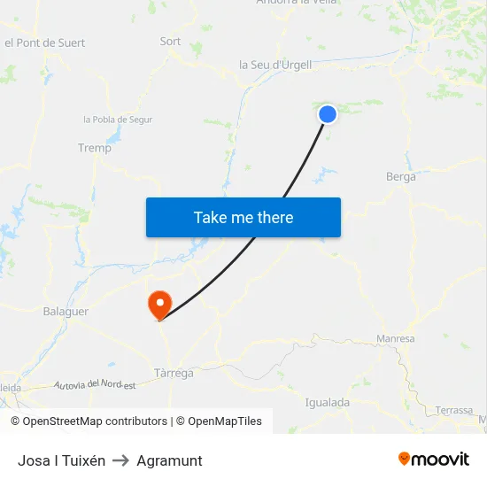 Josa I Tuixén to Agramunt map