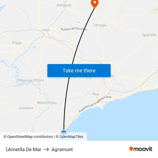 L'Ametlla De Mar to Agramunt map