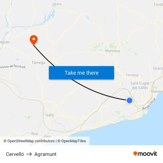 Cervelló to Agramunt map