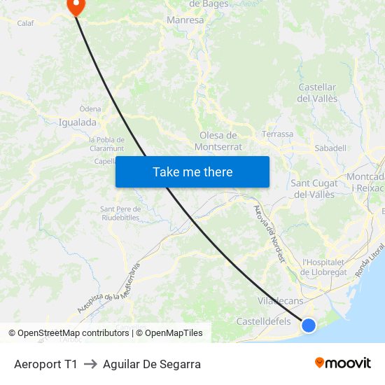 Aeroport T1 to Aguilar De Segarra map