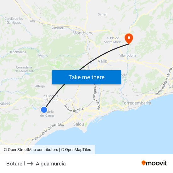 Botarell to Aiguamúrcia map