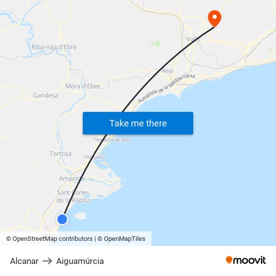Alcanar to Aiguamúrcia map