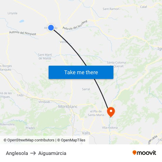 Anglesola to Aiguamúrcia map