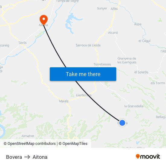 Bovera to Aitona map