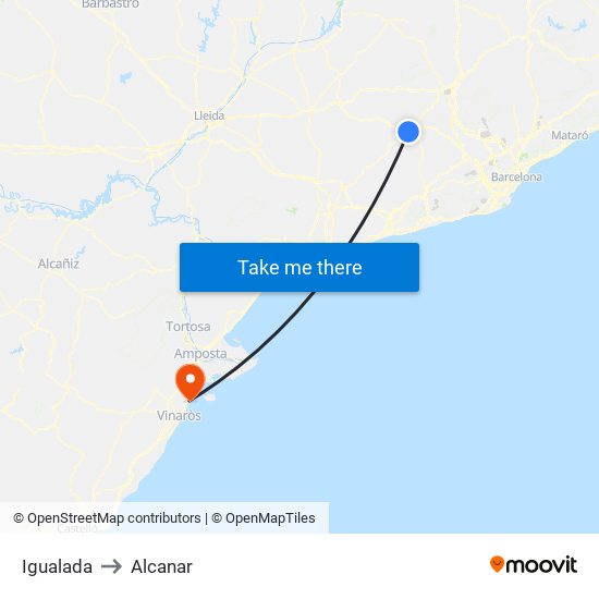 Igualada to Alcanar map