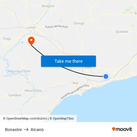 Bonastre to Alcanó map