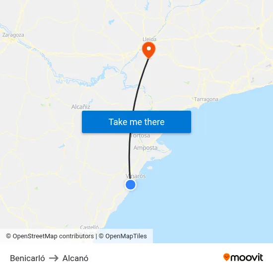 Benicarló to Alcanó map