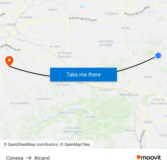 Conesa to Alcanó map