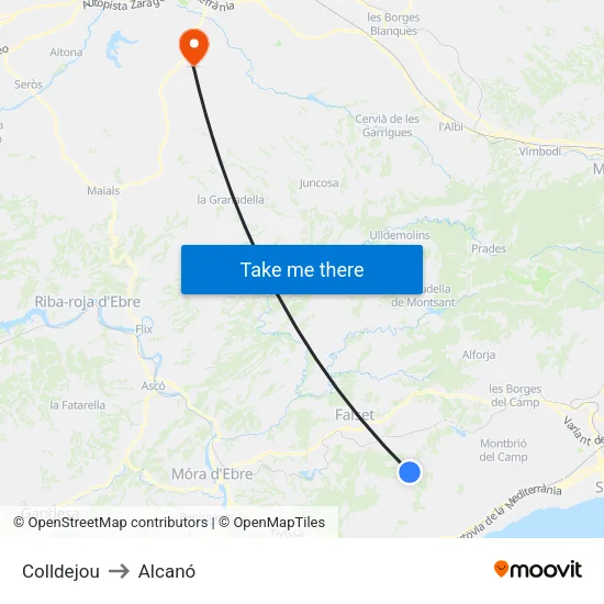 Colldejou to Alcanó map