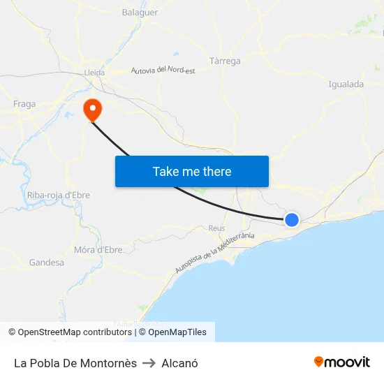La Pobla De Montornès to Alcanó map