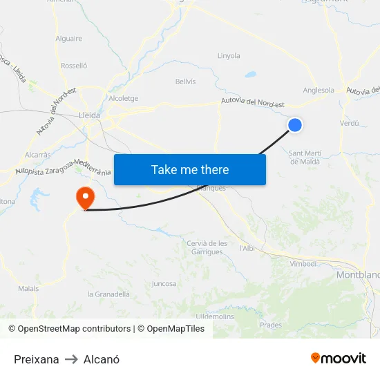 Preixana to Alcanó map
