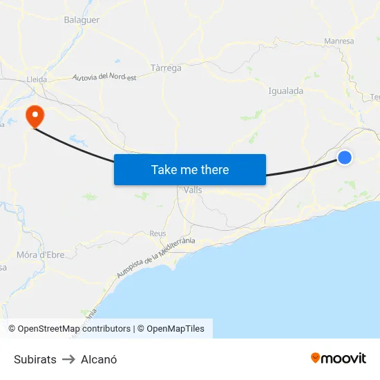 Subirats to Alcanó map