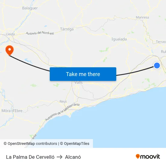 La Palma De Cervelló to Alcanó map