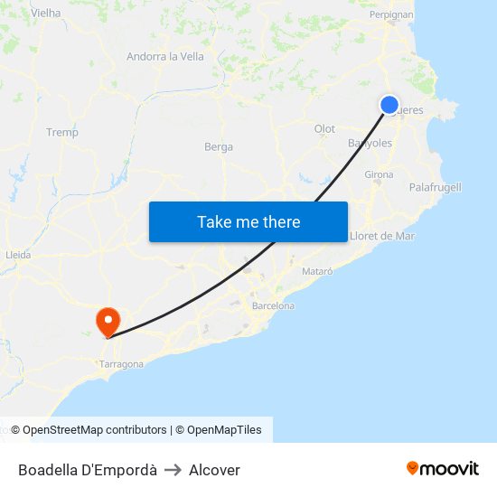 Boadella D'Empordà to Alcover map