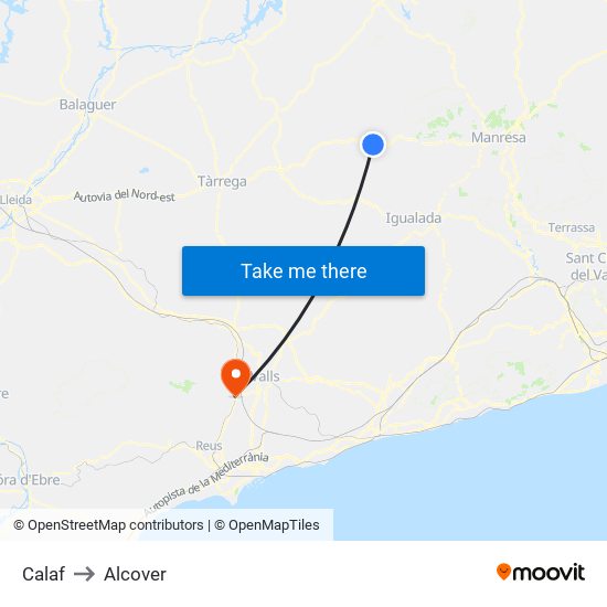 Calaf to Alcover map