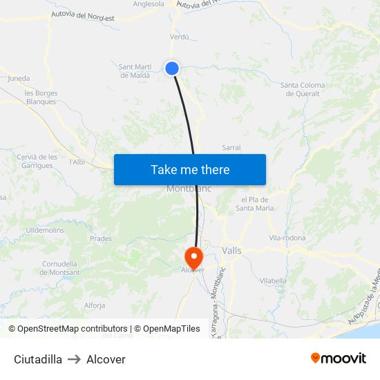 Ciutadilla to Alcover map