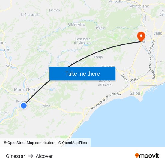 Ginestar to Alcover map