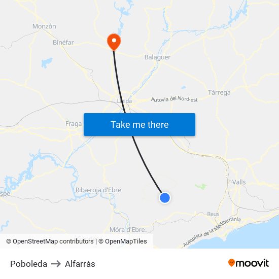 Poboleda to Alfarràs map