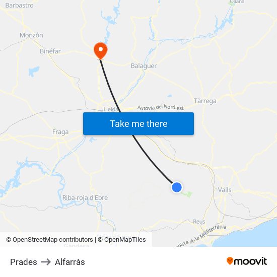 Prades to Alfarràs map