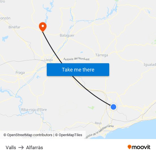 Valls to Alfarràs map