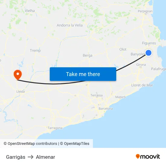 Garrigàs to Almenar map