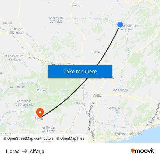 Llorac to Alforja map