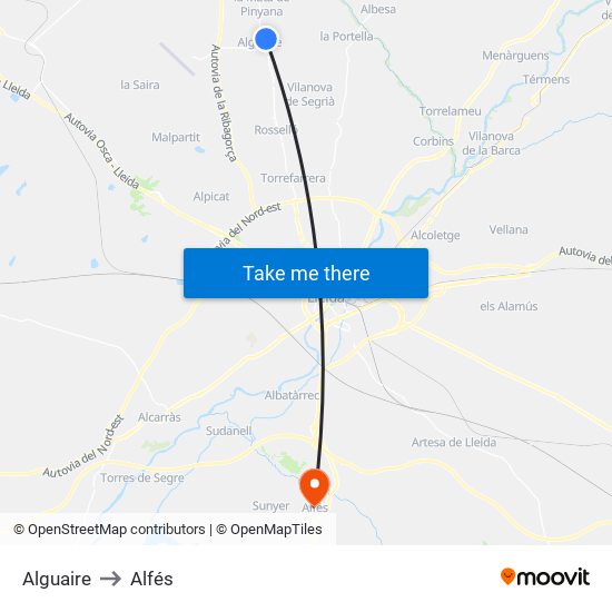 Alguaire to Alfés map