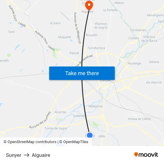 Sunyer to Alguaire map