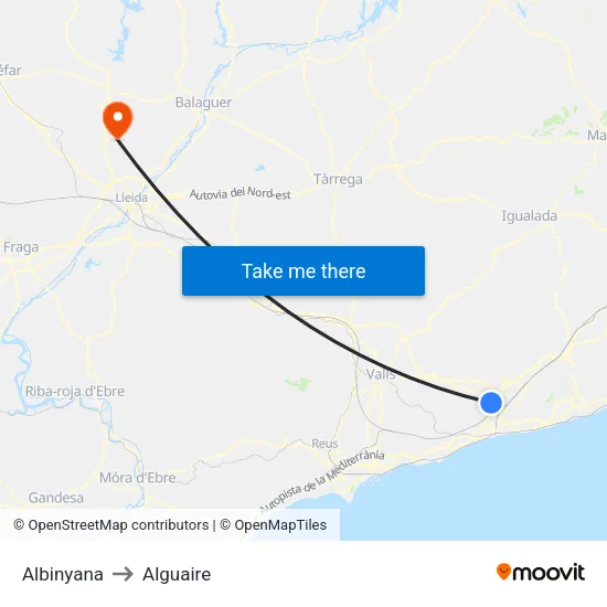 Albinyana to Alguaire map