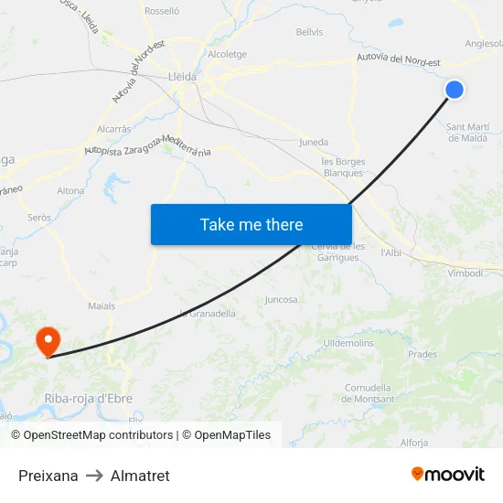 Preixana to Almatret map