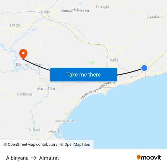 Albinyana to Almatret map