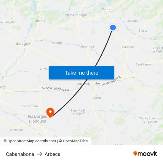 Cabanabona to Arbeca map