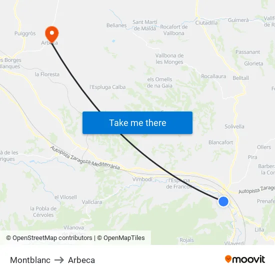 Montblanc to Arbeca map