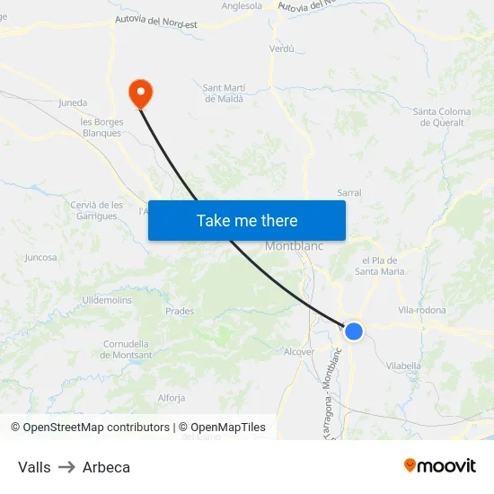 Valls to Arbeca map