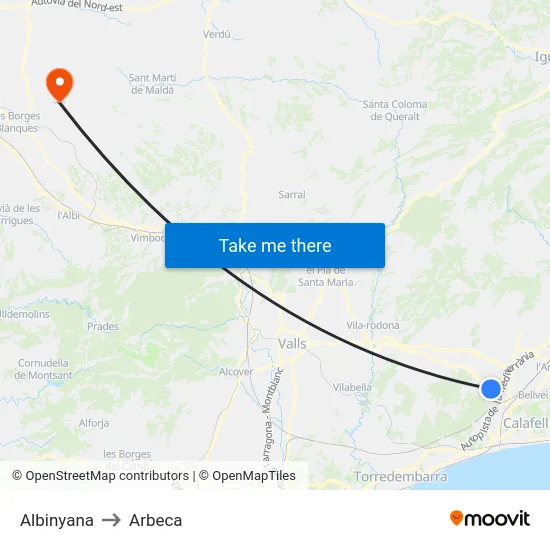 Albinyana to Arbeca map