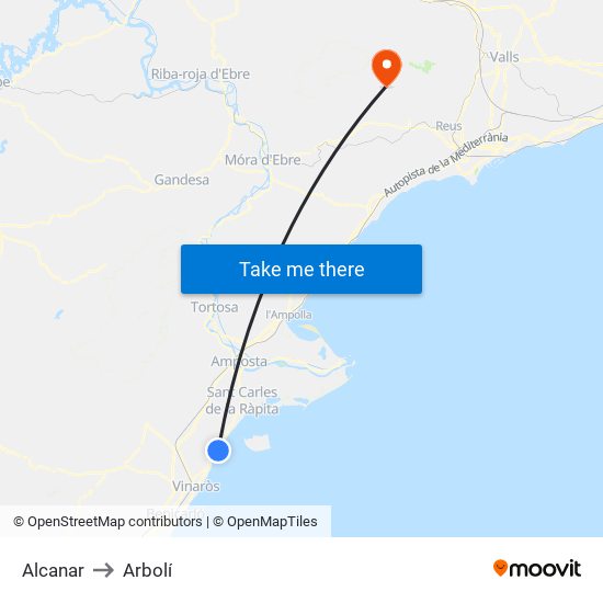 Alcanar to Arbolí map