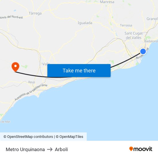 Metro Urquinaona to Arbolí map