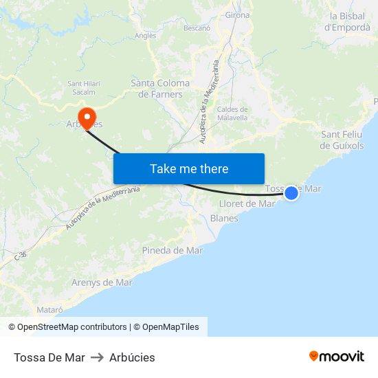 Tossa De Mar to Arbúcies map