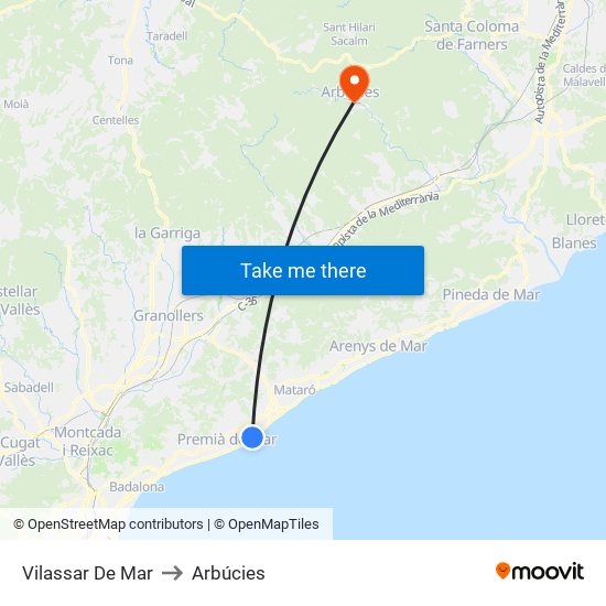 Vilassar De Mar to Arbúcies map
