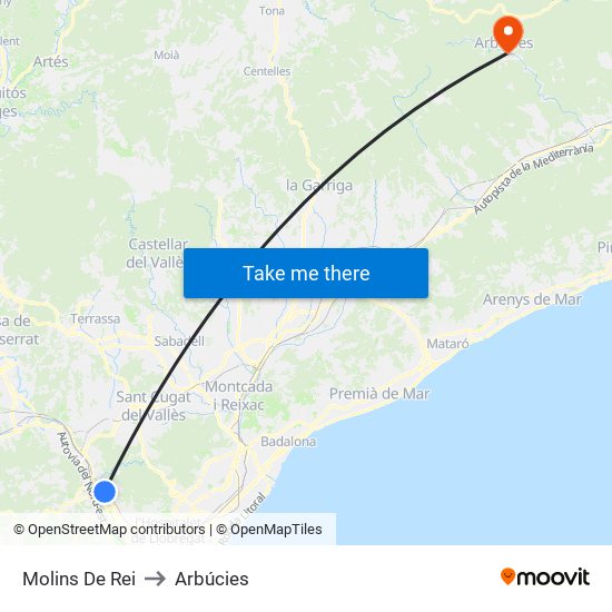 Molins De Rei to Arbúcies map