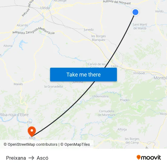 Preixana to Ascó map