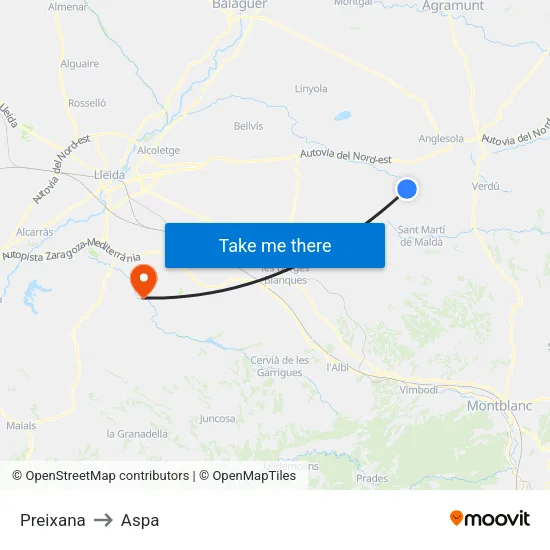 Preixana to Aspa map
