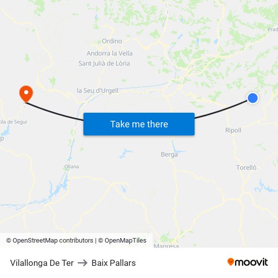 Vilallonga De Ter to Baix Pallars map