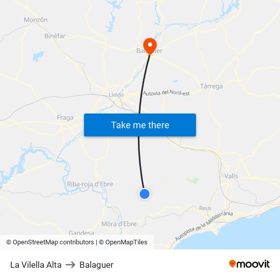 La Vilella Alta to Balaguer map