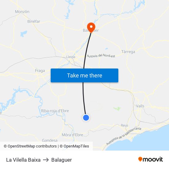 La Vilella Baixa to Balaguer map