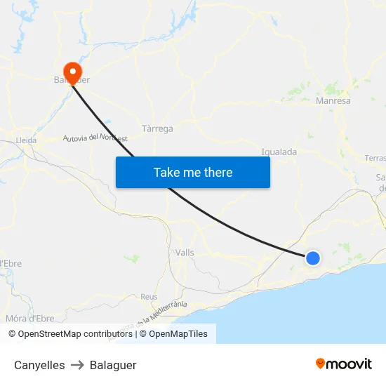 Canyelles to Balaguer map